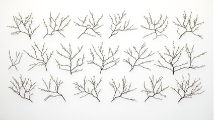Naklejka premium Symmetrical pear tree espaliers on whitewashed wall with tiny blossoms