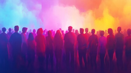 Large group of people attending a live music event with vibrant and colorful stage lights