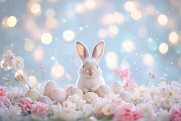 Obraz premium White rabbit on golden bokeh background among Easter eggs and spring flowers. Easter and spring celebration concept. Spring card with space for text