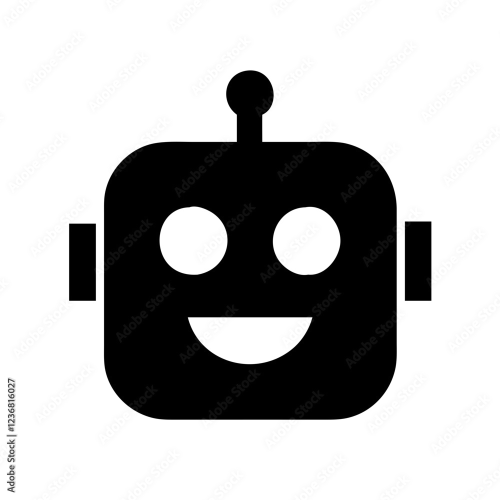 Poster line art illustration of robot head with smiling expression. simple vector icon