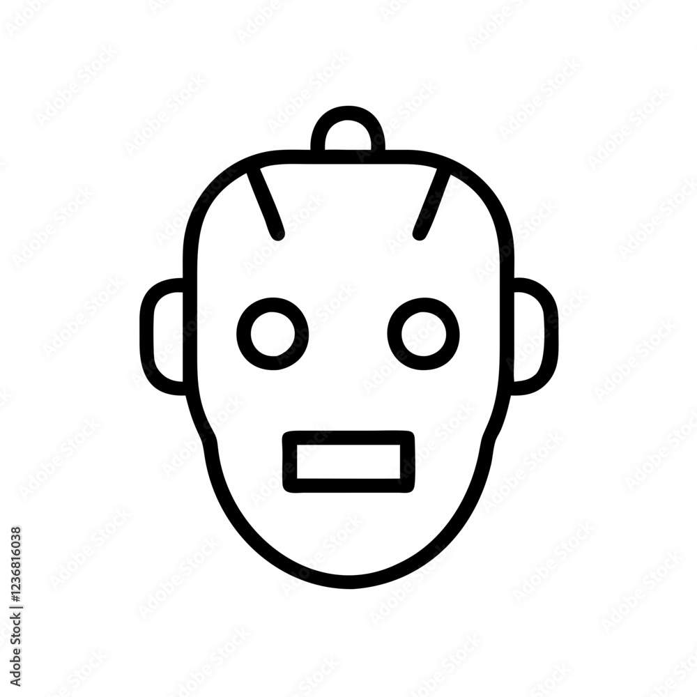 Poster line art illustration of robot head with smiling expression. simple vector icon