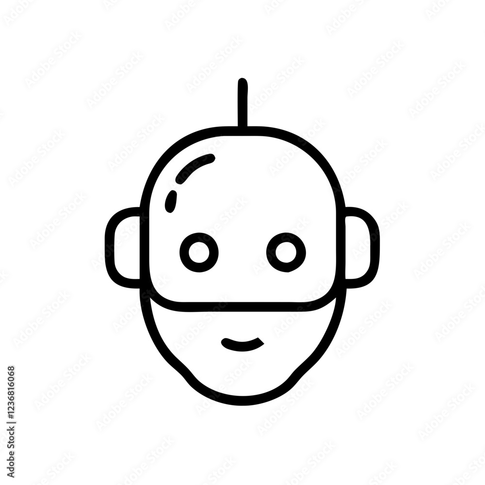 Poster line art illustration of robot head with smiling expression. simple vector icon