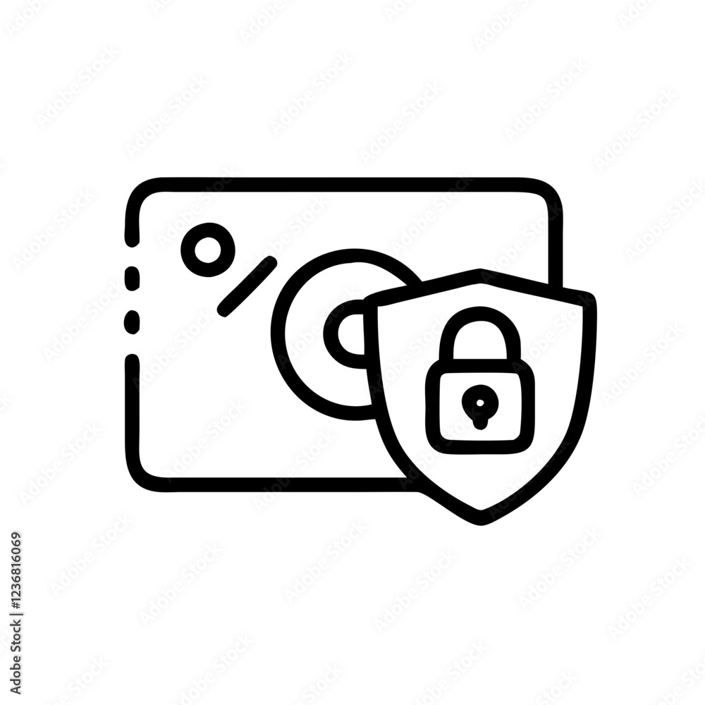 Poster a black outline icon of a credit card partially covered by a shield with a padlock. use for secure p