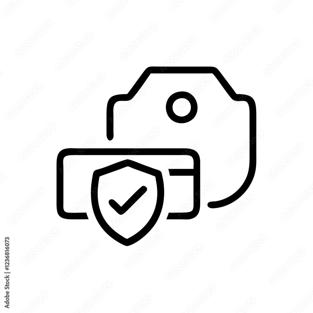 Poster camera with shield and checkmark icon, outline style on white. use for security camera systems, surv
