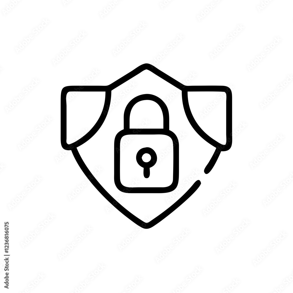 Poster a black outline icon of a padlock centered on a shield. use for cybersecurity blogs, data protection