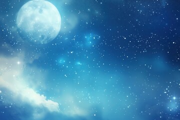 Serene blue night sky with stars and the moon, creating an atmosphere of tranquility and wonder, digital illustration with space for text or design elements, perfect for conveying peace and calmness