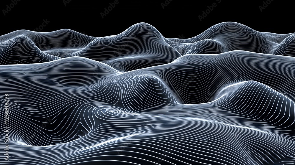 Poster enigmatic digital patterns representing data flow in abstract landscape