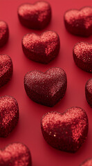 Fototapeta premium 3D red glitter hearts on a red background.Minimal creative Valentine's concept.Copy space,flat lay