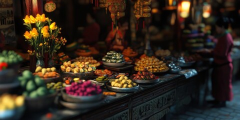 Fototapeta premium Asian night market food stall, delicious treats, vibrant background.