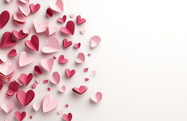 A background of pink and red paper hearts arranged in an array within the frame against a white backdrop.Minimal creative Valentine's holiday concept.Copy space,flat lay