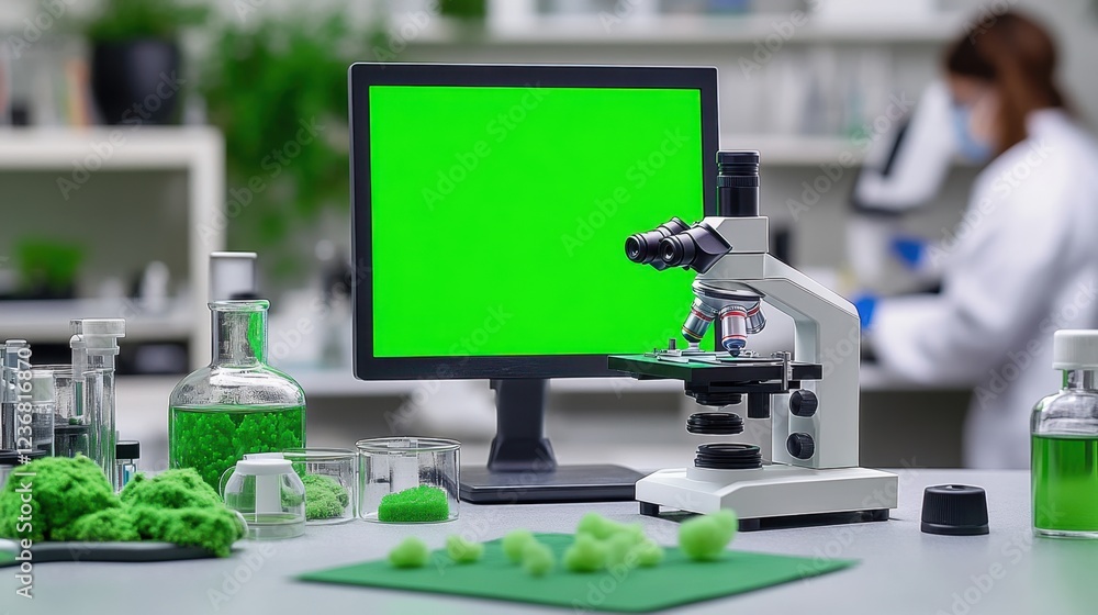 Poster table with a desktop green screen display, microscope, and biological samples in a busy science lab 