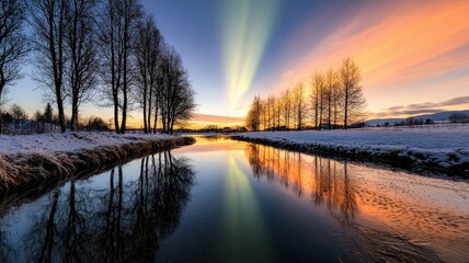 Serene Winter Sunset Over Reflective River Surrounded by Trees
