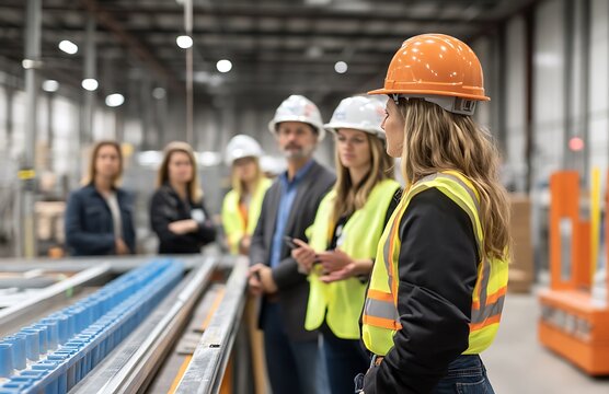Female engineer in hard hat leads a team in a factory. - Powered by Adobe