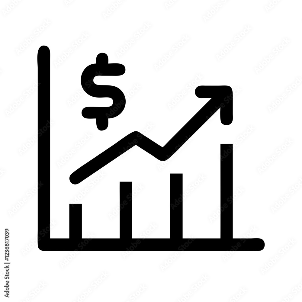 Poster a black outline icon of a bar graph with an upward trending line and a dollar sign. use for finance 