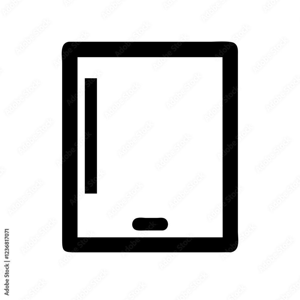 Poster a black outline icon of a tablet device with a blank screen and a button at the bottom. use for tech