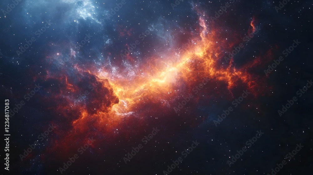 Poster a breathtaking image showcasing a massive fiery cosmic explosion erupting within the depths of the c