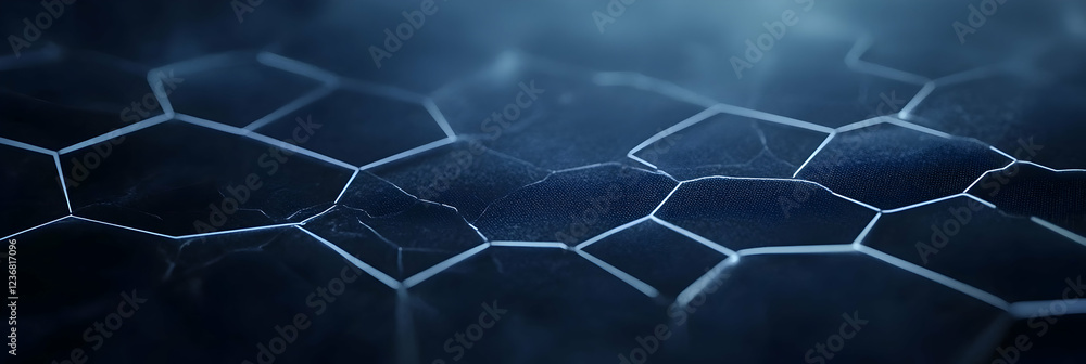 Poster dark blue background with white hexagon and line tech elements