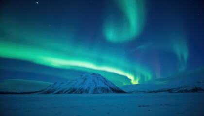 Naklejka premium Stunning Aurora Borealis Over Snowy Mountain Landscape at Night