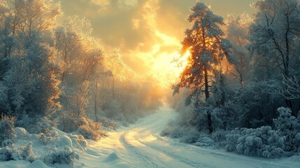 Magical Winter Wonderland Landscape with Glowing Golden Light in Snowy Forest