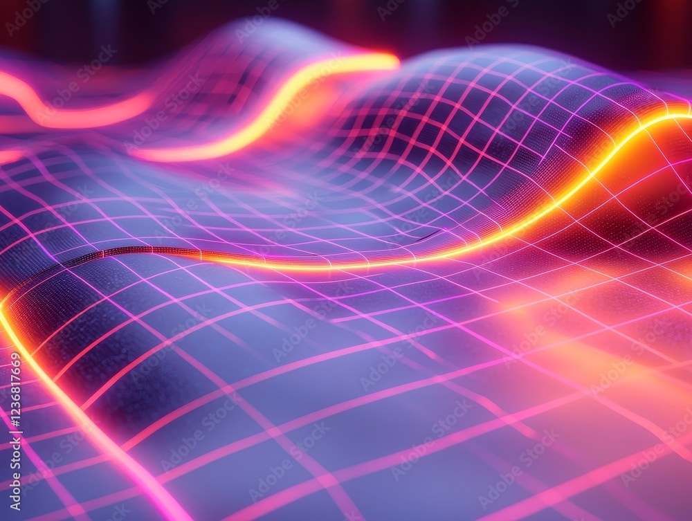 Poster vibrant neon grid background with glowing lines in retro futuristic tron inspired style