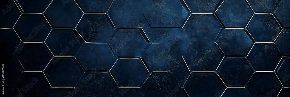 Poster dark blue background with white hexagon and line tech elements