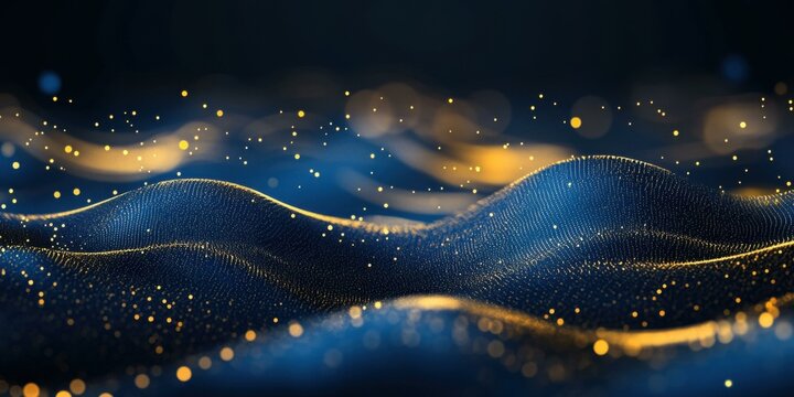 Abstract image of flowing waves with golden particles, suitable for digital art, technology, and luxury themes.