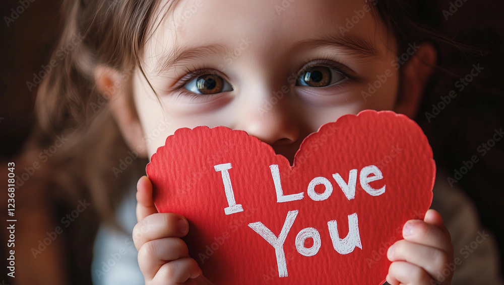 Wall mural A child holds up an adorable paper heart with two cut-out holes, decorated with cute eyes and the text 