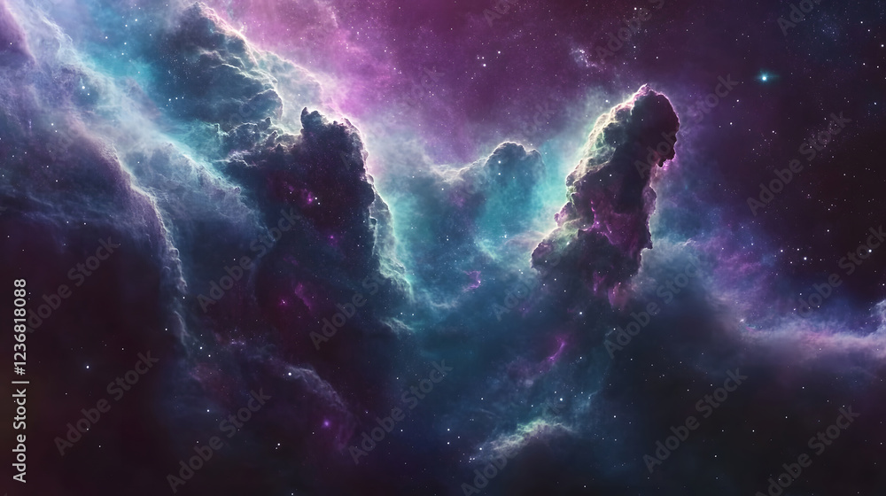 Poster Breathtaking cosmic nebula landscape with swirling celestial formations displaying a mesmerizing array of stars planets and otherworldly energy in a fantastical dramatic and digital