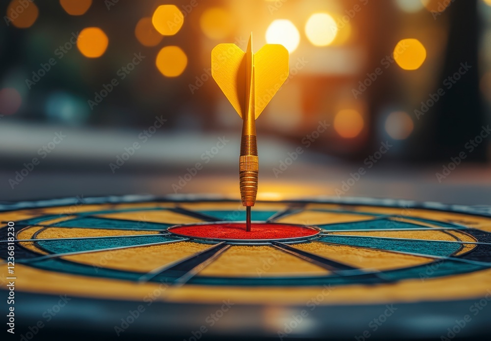 Poster close up of a golden dart hitting the bullseye of a dartboard, with bokeh lights in the background. 