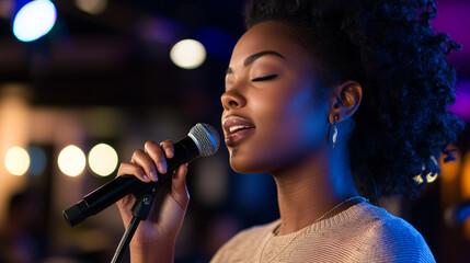 Empowering Woman Speaking with Microphone in Business Venue