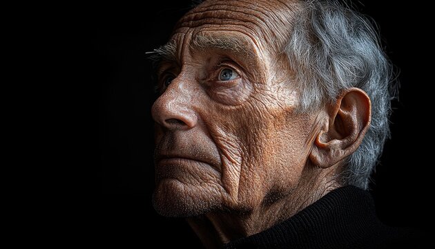 A weathered elderly man gazes pensively upward