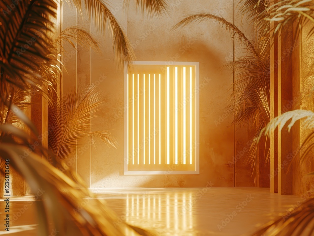 Poster warm golden light illuminates a minimalist interior scene featuring a rectangular window with vertic
