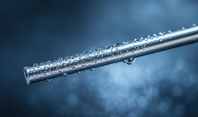 Close up of stainless steel straw with water droplets, showcasing its sleek design