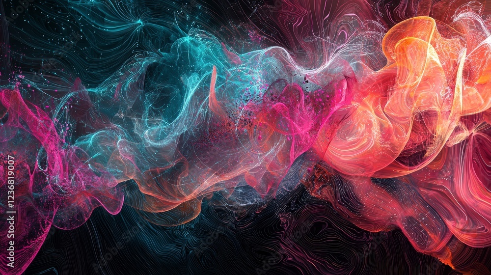 Poster ethereal waves of fluid dynamics interwoven with digital connectivity and color