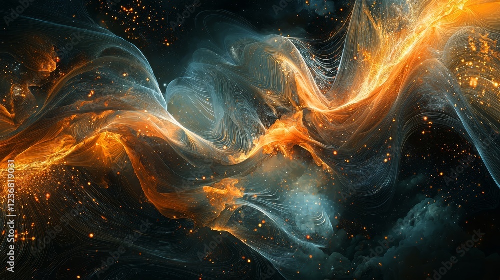 Poster ethereal fluid dynamics with intricate digital connections in motion