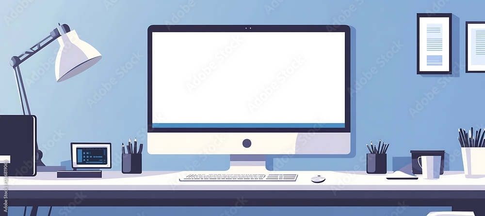 Poster a professional workspace with a large digital display