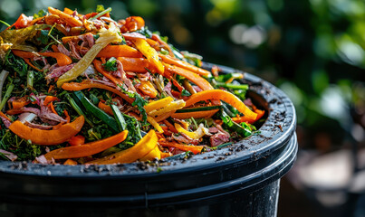 Compost bin filled with vegetable scraps, promoting eco friendly practices