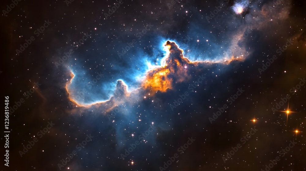 Poster breathtaking image of a cosmic nebula explosion in a vibrant blue and orange color palette set again
