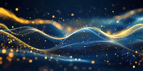 Abstract waves of light and particles create a mesmerizing visual effect, suitable for backgrounds, digital art, and festive themes.