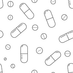 Medical pills seamless pattern. Outline pills background. Pills and capsules pattern in black and white.