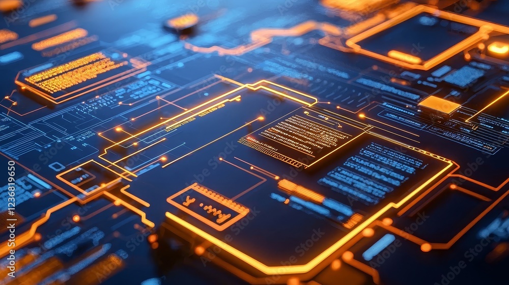 Poster futuristic cybernetic background with intertwining circuit patterns