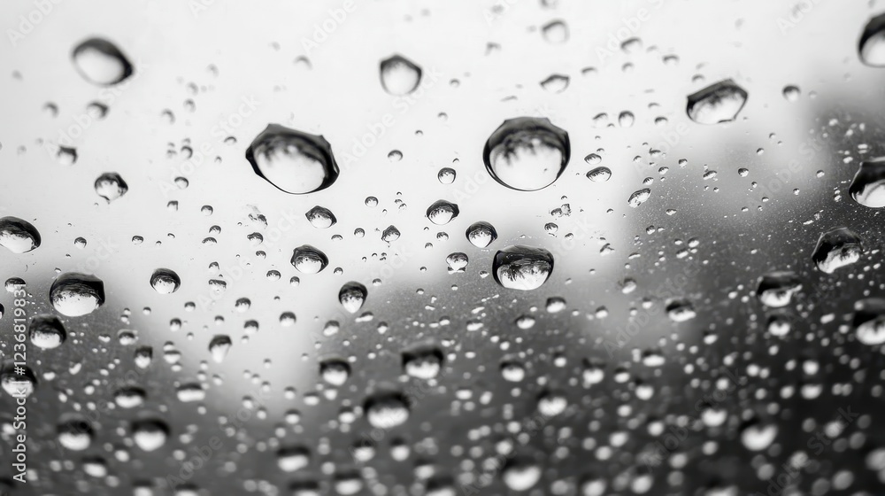 Poster close up view of various sized water droplets on a glass surface, creating a textured, monochromatic