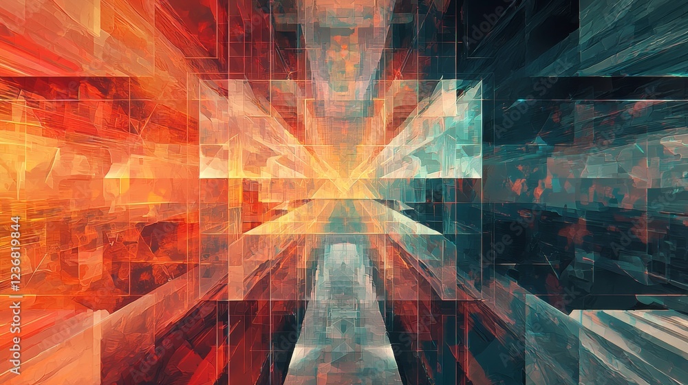 Poster intricate geometric abstract art reflecting cyber elements and depth