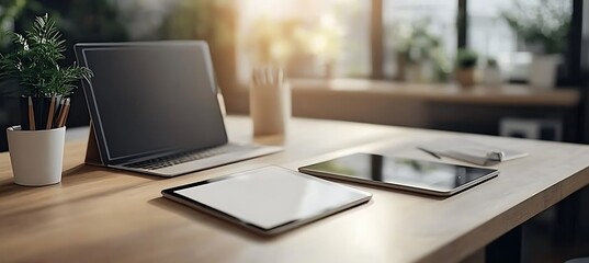 Fototapeta premium A professional workspace with a focus on a digital tablet