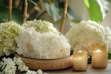 Candles and flowers on a glass tray with a gold frame on a gray wall background, space for text. Stock photo contest winner, romantic style, Valentine's Day concept, spa interior design,