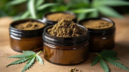 Hemp powder in amber jars on wooden table with hemp leaves
