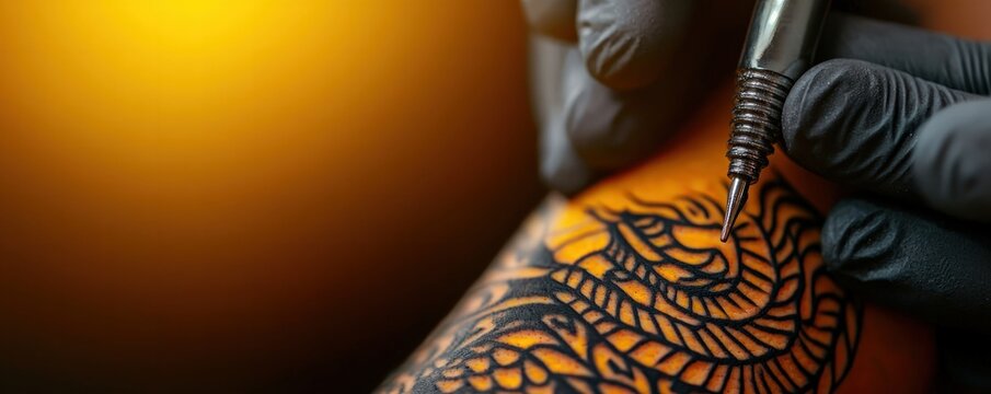 Close Up of Skilled Tattoo Artist Creating Intricate Design on Client's Arm with Black Ink