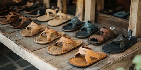 Display of various sandals on a wooden shelf, suitable for retail, fashion, and lifestyle promotions.
