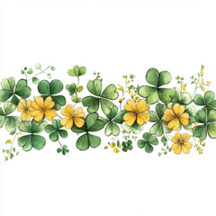 Lush green clovers and vibrant yellow flowers create beautiful floral border, evoking sense of nature tranquility and charm. Perfect for spring themes