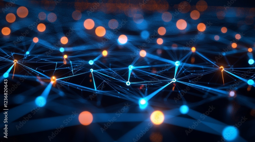 Poster abstract illumination of interconnected circuits and light nodes in blue and orange